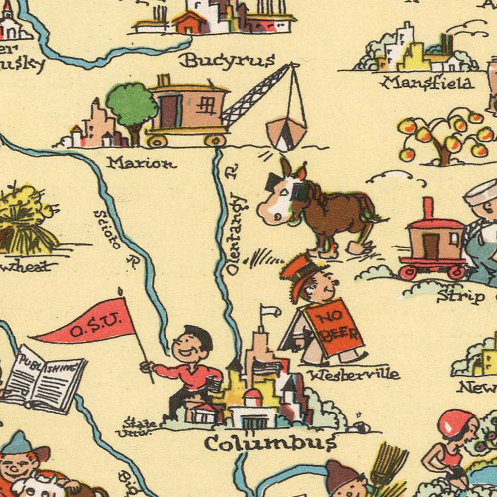 Pictorial Map of Ohio by Ruth Taylor White, 1935: Columbus, Cleveland, Cincinnati, Industry, Railroads