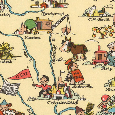 Pictorial Map of Ohio by Ruth Taylor White, 1935: Columbus, Cleveland, Cincinnati, Industry, Railroads