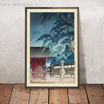 A framed image of Spring rain at Gokokuji Temple by Hasui Kawase, 1935