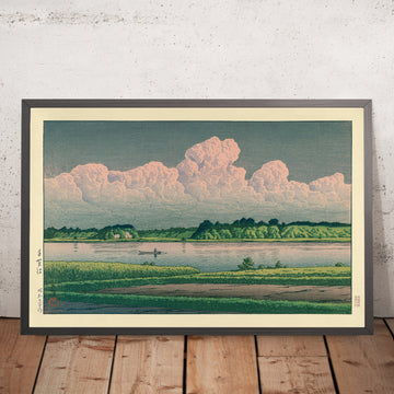 Une image encadrée de Nuages au-dessus d’un bateau sur la rivière par Hasui Kawase, 1935