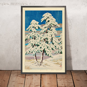 A framed image of Pine Trees After Snow by Hasui Kawase 1935