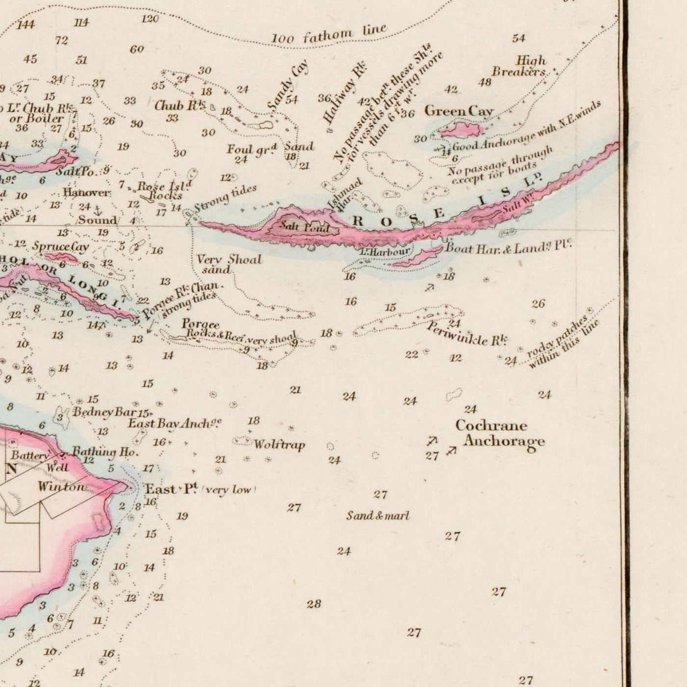 Mapa antiguo de las Bahamas de Arrowsmith, 1858: Nassau, New Providence, canales, bancos, costas