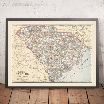 Antiguo mapa de Carolina del Sur, 1920: carreteras y ferrocarriles, Charleston, Columbia, Greenville, rutas automovilísticas, líneas eléctricas 