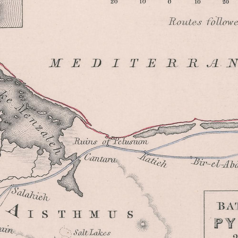 Ancienne carte militaire des batailles de Napoléon en Égypte et en Syrie, 1801 : Aboukir, les pyramides, le Caire, Suez, le Nil