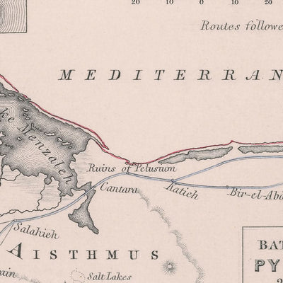 Ancienne carte militaire des batailles de Napoléon en Égypte et en Syrie, 1801 : Aboukir, les pyramides, le Caire, Suez, le Nil