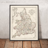 Alte Landkarte von England und Wales von Lewis, 1844: Wichtige Straßen und Eisenbahnen 