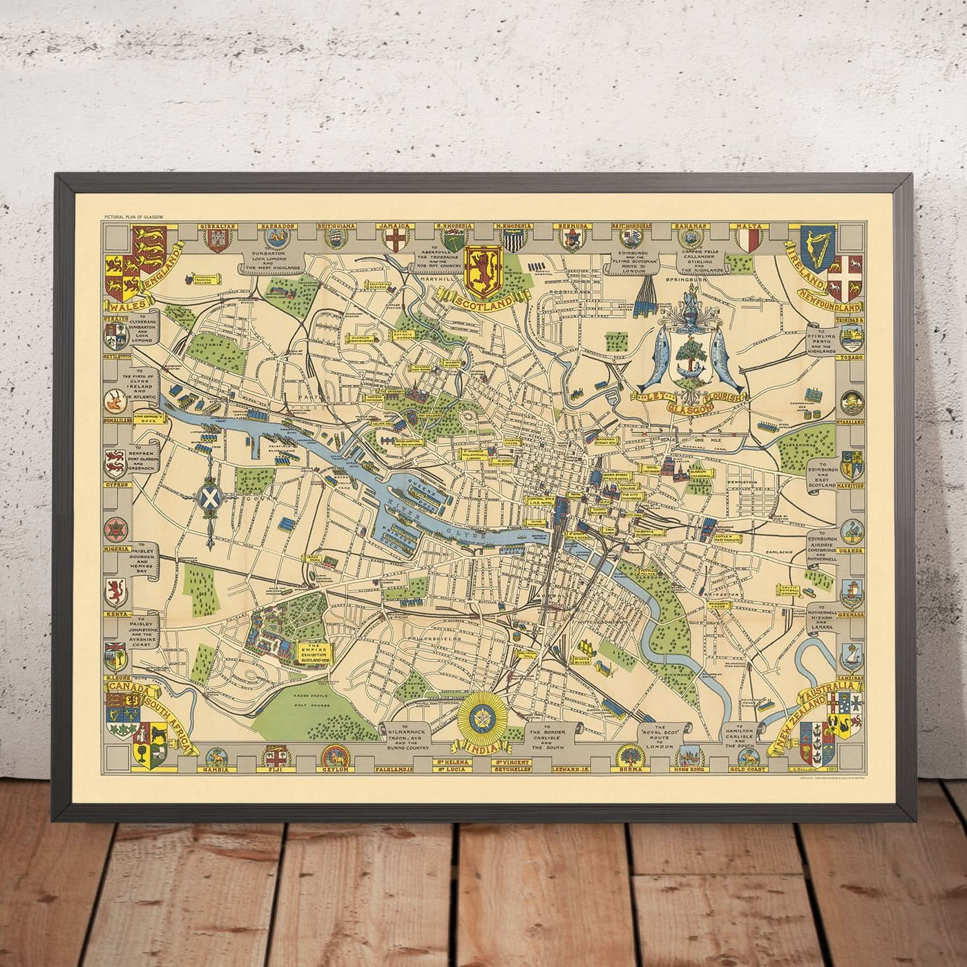 Antiguo mapa ilustrado de Glasgow por Bullock, 1938: Catedral, Universidad, Kelvingrove, Green, Clyde.