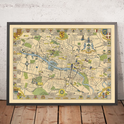 Antiguo mapa ilustrado de Glasgow por Bullock, 1938: Catedral, Universidad, Kelvingrove, Green, Clyde.