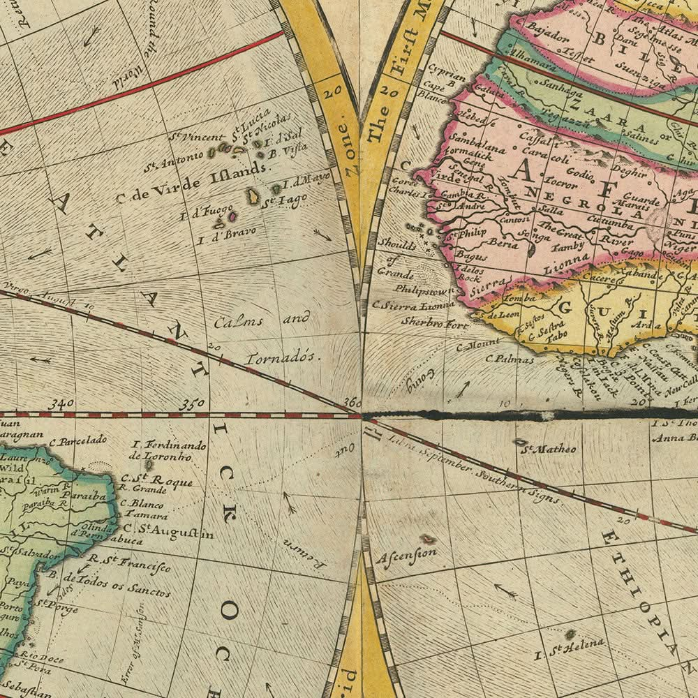 Carte du monde ancien des découvertes mondiales par Moll, 1760 : la Californie comme île, les directions du vent, les diagrammes astronomiques