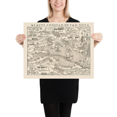 Old Map of Lake Constance by Munster, 1540: German-Swiss-Austrian Border, Konstanz, Lindau, Bregenz, St. Gallen, Holbein Style