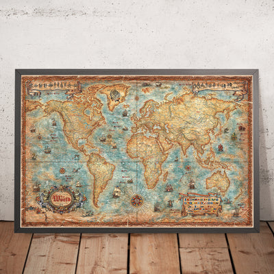 Antique Modern World Map by Ray&Co, 2025: Ship Flags, Knots
