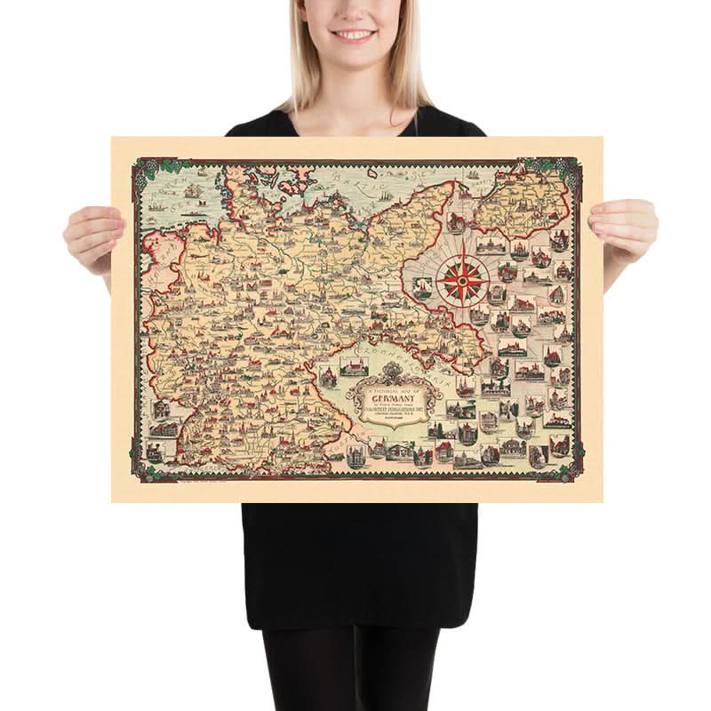 Vecchia mappa pittorica della Germania di Chase, 1935: Berlino, Monaco, Mare del Nord, punti di riferimento, dirigibili 