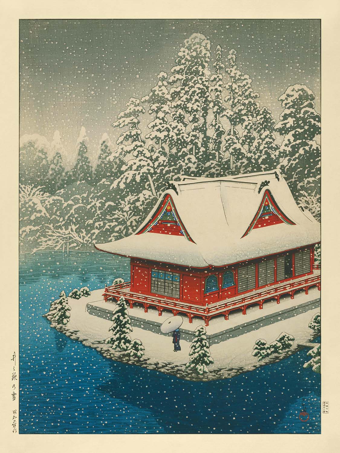 Benten Shrine in the Snow at Inokashira Park by Hasui Kawase, 1935