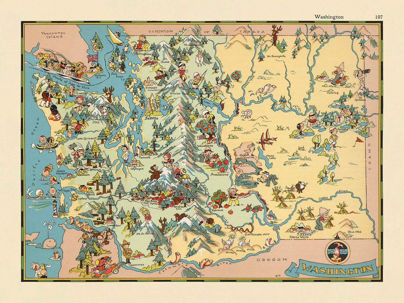 Pictorial Map of Washington State by Ruth Taylor White, 1935: Seattle, Mount Rainier, Columbia River, Olympic Mountains, Grand Coulee Dam