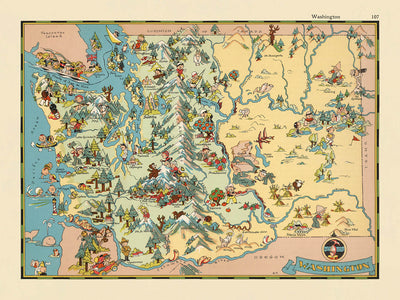 Pictorial Map of Washington State by Ruth Taylor White, 1935: Seattle, Mount Rainier, Columbia River, Olympic Mountains, Grand Coulee Dam