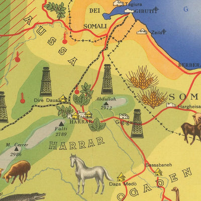 Alte Bildkarte von Äthiopien und Somalia von Kalchschmidt, 1936: Addis Abeba, Mogadischu, Golf von Aden, Indischer Ozean, Tierillustrationen.