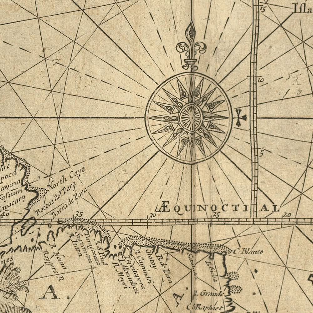 Old Atlantic Ocean Nautical Chart by Mount, 1766: Coasts, Rhumb Lines, Compass Rose