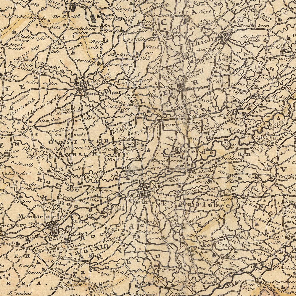 Old Map of Flanders by Visscher, 1690: Brussels, Antwerp, Ghent, Bruges, Scarpe-Escaut Park
