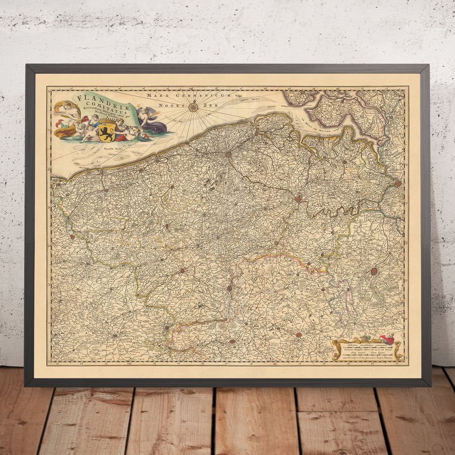Antica mappa delle Fiandre di Visscher, 1690: Bruxelles, Anversa, Gand, Bruges, Parco Scarpe-Escaut 