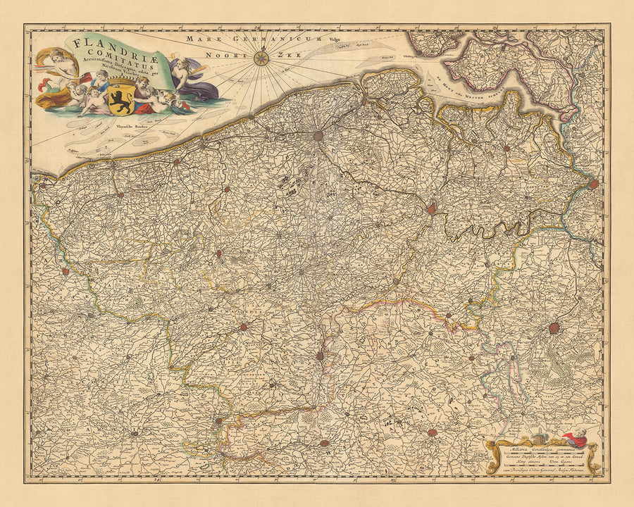 Antica mappa delle Fiandre di Visscher, 1690: Bruxelles, Anversa, Gand, Bruges, Parco Scarpe-Escaut 