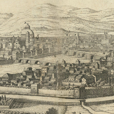 Antiguo mapa a vista de pájaro de Florencia por Boisseau, 1648: catedral, baptisterio, palacio de los Medici, río Arno, murallas de la ciudad