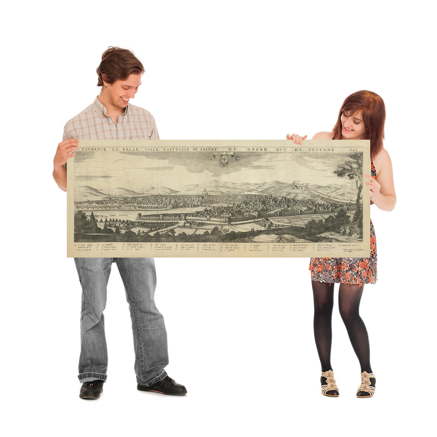 Vecchia mappa Birdseye di Firenze di Boisseau, 1648: Cattedrale, Battistero, Palazzo Medici, Fiume Arno, Mura della città 