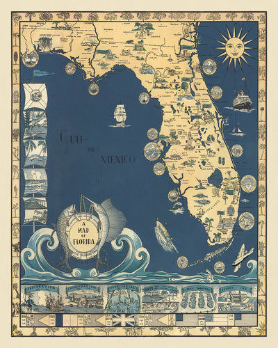 Old Map of Florida's History by Foster, 1935: Spanish Colonization, British Rule, Southern Confederacy, Inclusion in the US