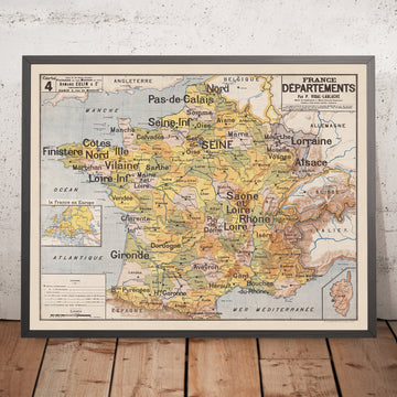 Antica mappa dei dipartimenti della Francia di Vidal Lablache, 1897: poster educativo 