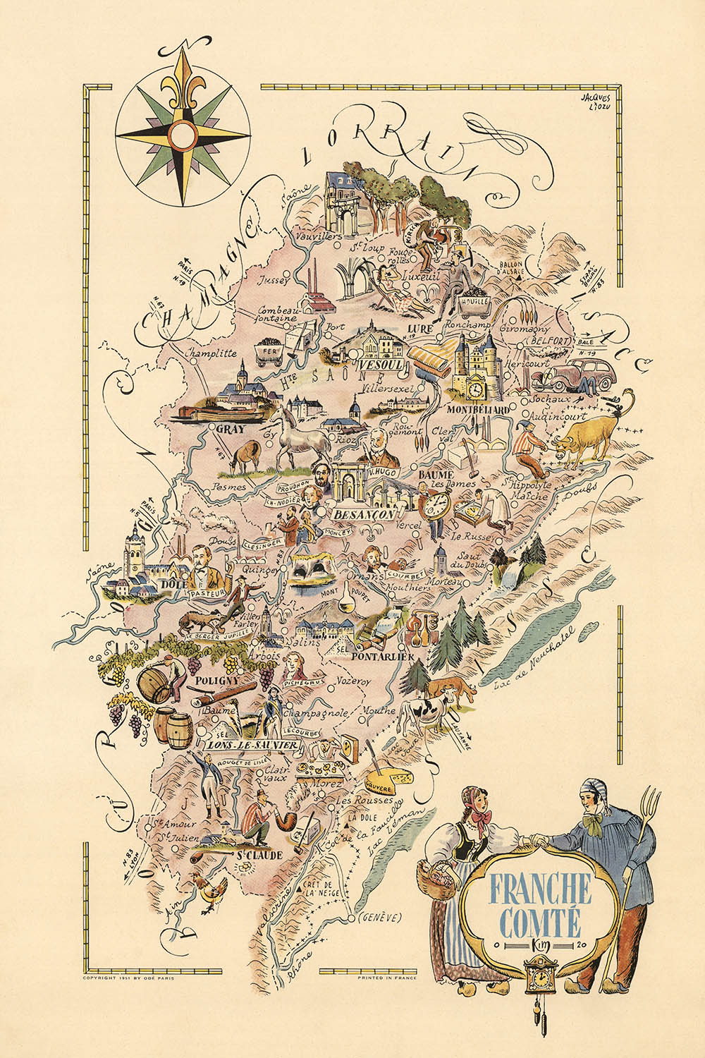 Carte ancienne picturale de Franche-Comté par Liozu, 1951 : Besançon, Belfort, Montbéliard, Rivières, Châteaux