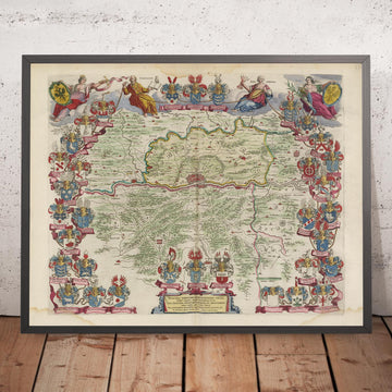 Old Map of Frankfurt & Suburbs by Joan Blaeu, 1665: Offenbach am Main, Bad Homburg, Neu-Isenburg, Dreieich, Kelsterbach, Main River