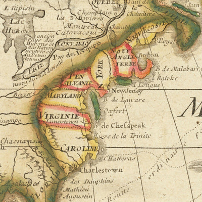 Large Old French Map of the Americas by Bailleul, 1752: Illustrated Exploration & Colonialism, French & Spanish Claims