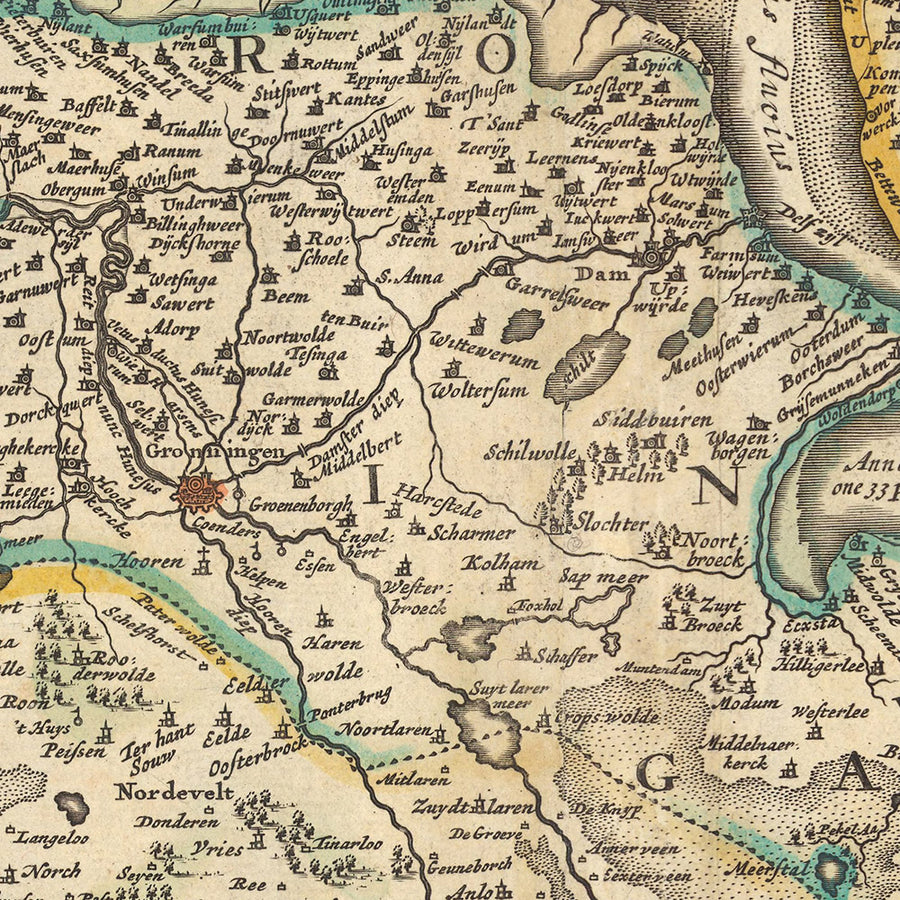 Mappa antica di Friesland e Groningen di Visscher, 1690: Oldenburg, Zwolle, Leeuwarden, Emmen, Kampen 