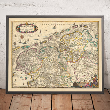 Old Map of Friesland and Groningen by Visscher, 1690: Oldenburg, Zwolle, Leeuwarden, Emmen, Kampen