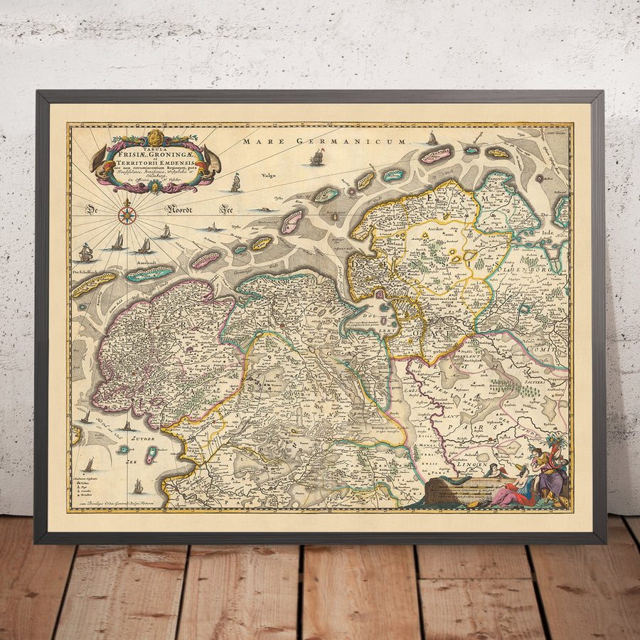 Mappa antica di Friesland e Groningen di Visscher, 1690: Oldenburg, Zwolle, Leeuwarden, Emmen, Kampen 