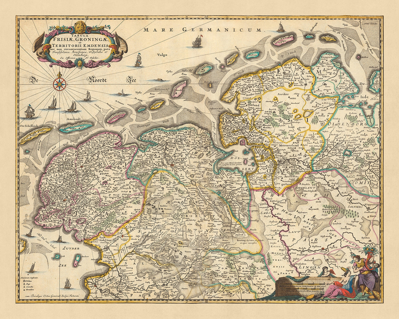 Old Map of Friesland and Groningen by Visscher, 1690: Oldenburg, Zwolle, Leeuwarden, Emmen, Kampen