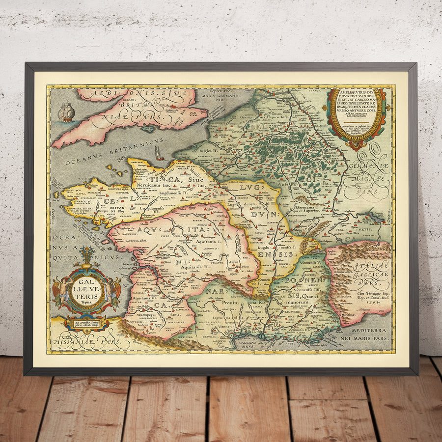 Vecchia mappa della Francia antica (Gallia) ai tempi romani di Ortelius, 1624: Parigi, Lione, Pirenei, Alpi, nomi latini 