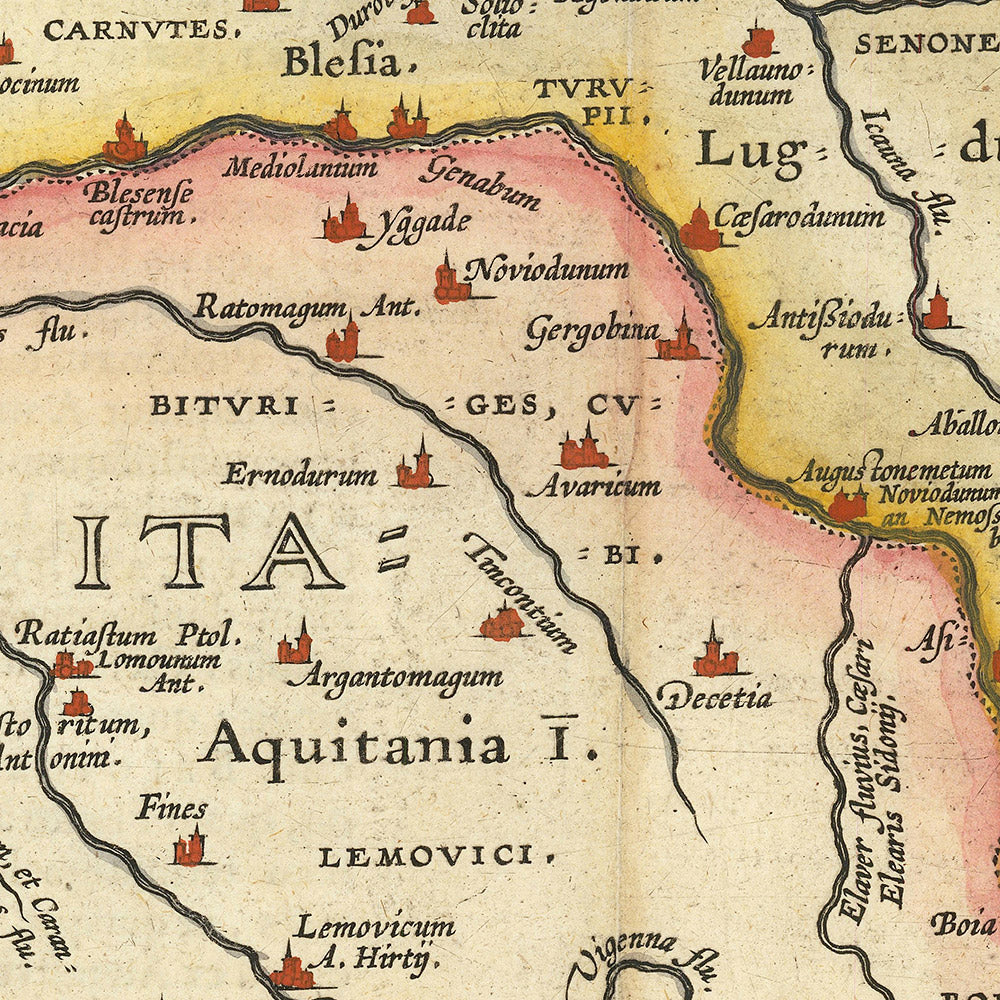 Old Map of Ancient France (Gaul, Gallia) in Roman Times by Ortelius, 1624: Paris, Lyon, Pyrenees, Alps, Latin Names