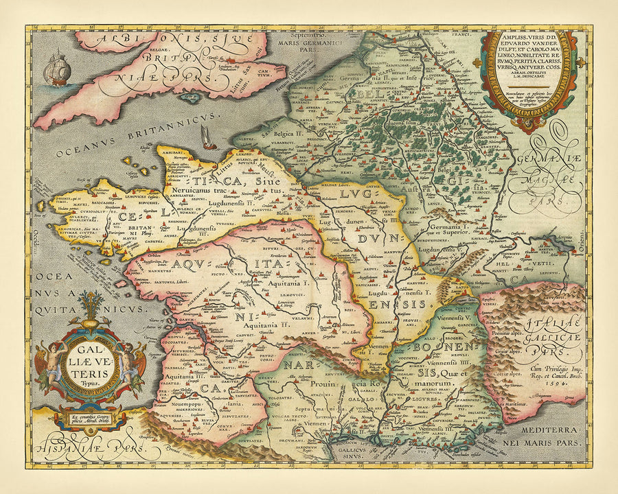 Vecchia mappa della Francia antica (Gallia) ai tempi romani di Ortelius, 1624: Parigi, Lione, Pirenei, Alpi, nomi latini 