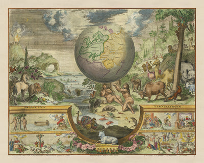 Ancienne illustration du jardin d'Eden, 1687 : carte du paradis de Romeyn De Hooghe
