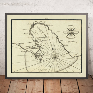 Antica carta nautica del Golfo di La Spezia di Heather, 1802: Cinque Terre, Riviera Italiana, Porto Venere, Lerici, 