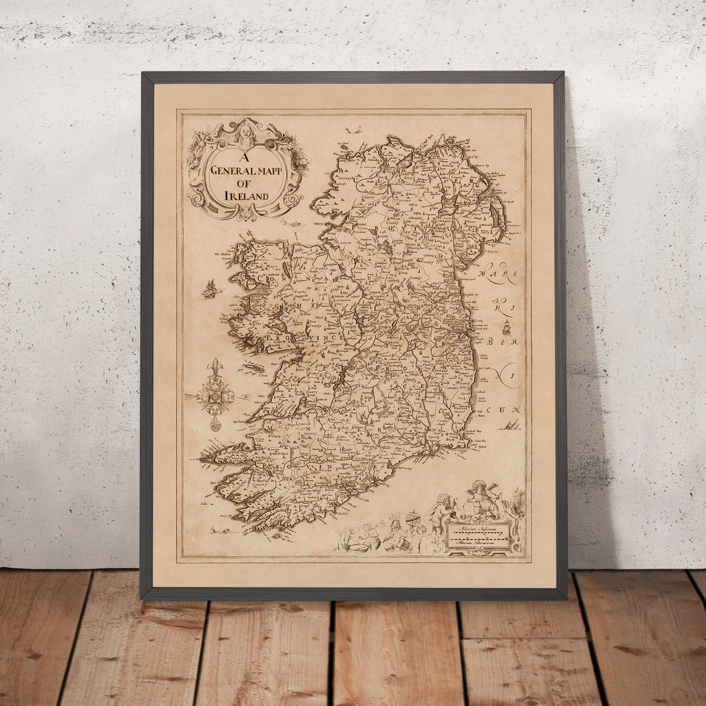 Ancienne carte de l'Irlande par Petty, 1685 : Dublin, Cork, Limerick, Galway, Waterford