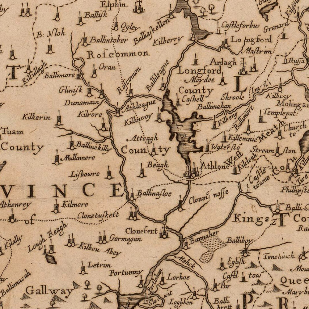 Rare Old Map of Ireland by Sir William Petty, 1685: Dublin, Cork, Limerick, Galway, Waterford