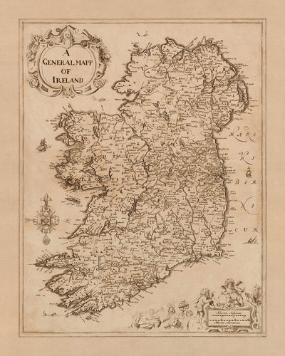 Ancienne carte de l'Irlande par Petty, 1685 : Dublin, Cork, Limerick, Galway, Waterford