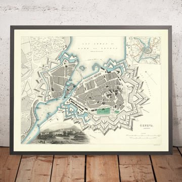 Ancienne carte de Genève par SDUK, 1870 : Lac Léman, Rhône, Jardin Botanique, fortifications massives du Bastion Fort 