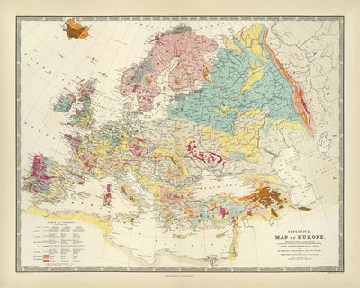 Old Geological Map of Europe by AK Johnston, 1856: Geological Chart of Mountains, Rocks, Strata
