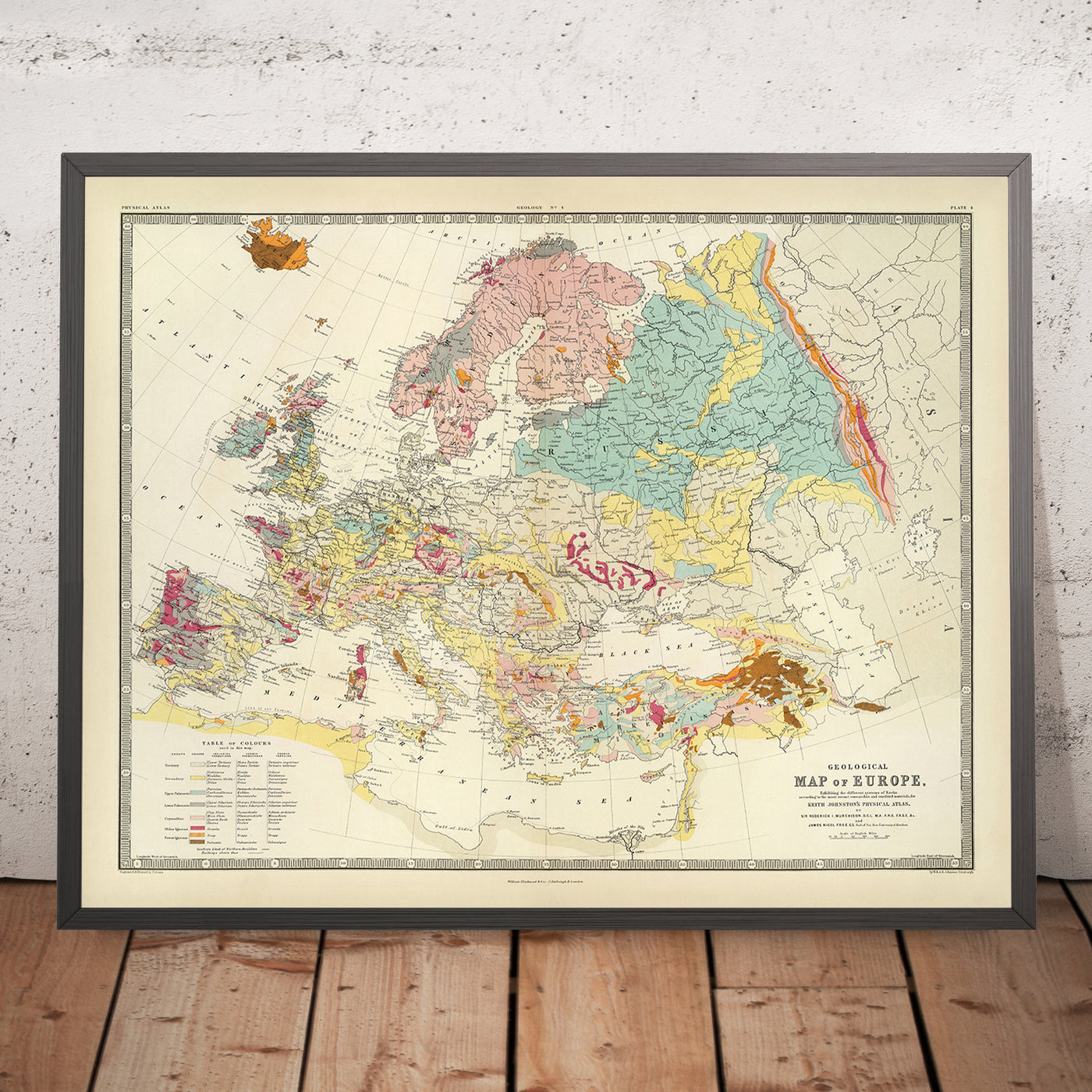 Old Geological Map of Europe by AK Johnston, 1856: Geological Chart of Mountains, Rocks, Strata