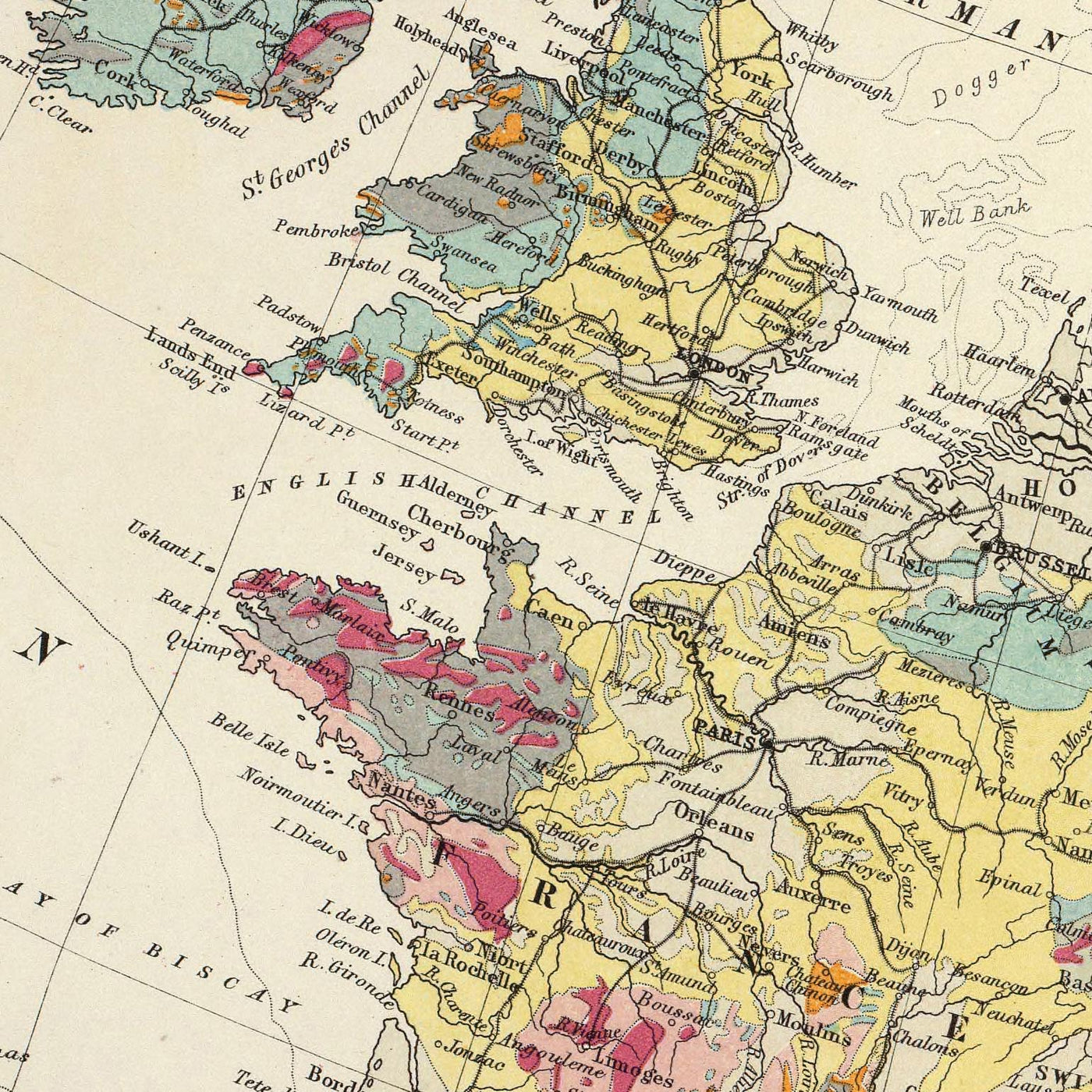 Ancienne carte géologique de l'Europe par AK Johnston, 1856 : carte géologique des montagnes, des roches et des strates