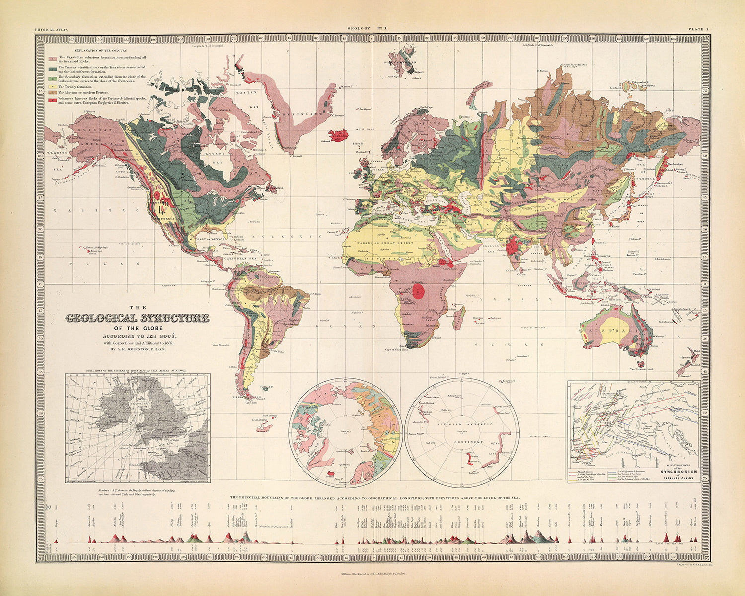 Old Geological World Map by AK Johnston 1856: Early Geology, Mountains ...