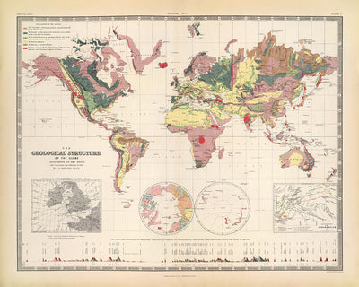Old Geological World Map by AK Johnston 1856: Early Geology, Mountains, Volcanoes, Pre-Plate Tectonics