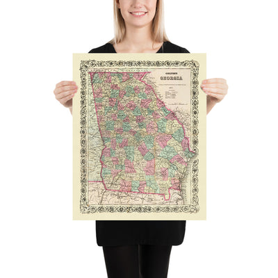 Ancienne carte de la Géorgie par JH Colton, 1871 : Savannah, Augusta, Columbus, Macon et Athènes